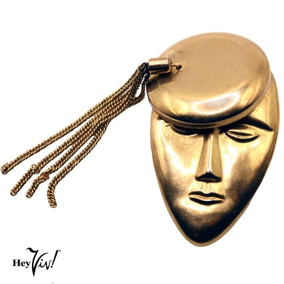 Vintage Face Pin Statement Brooch w Beret Long Fringe Gold Metal 2.5" - Hey Viv - Picture 1 of 6